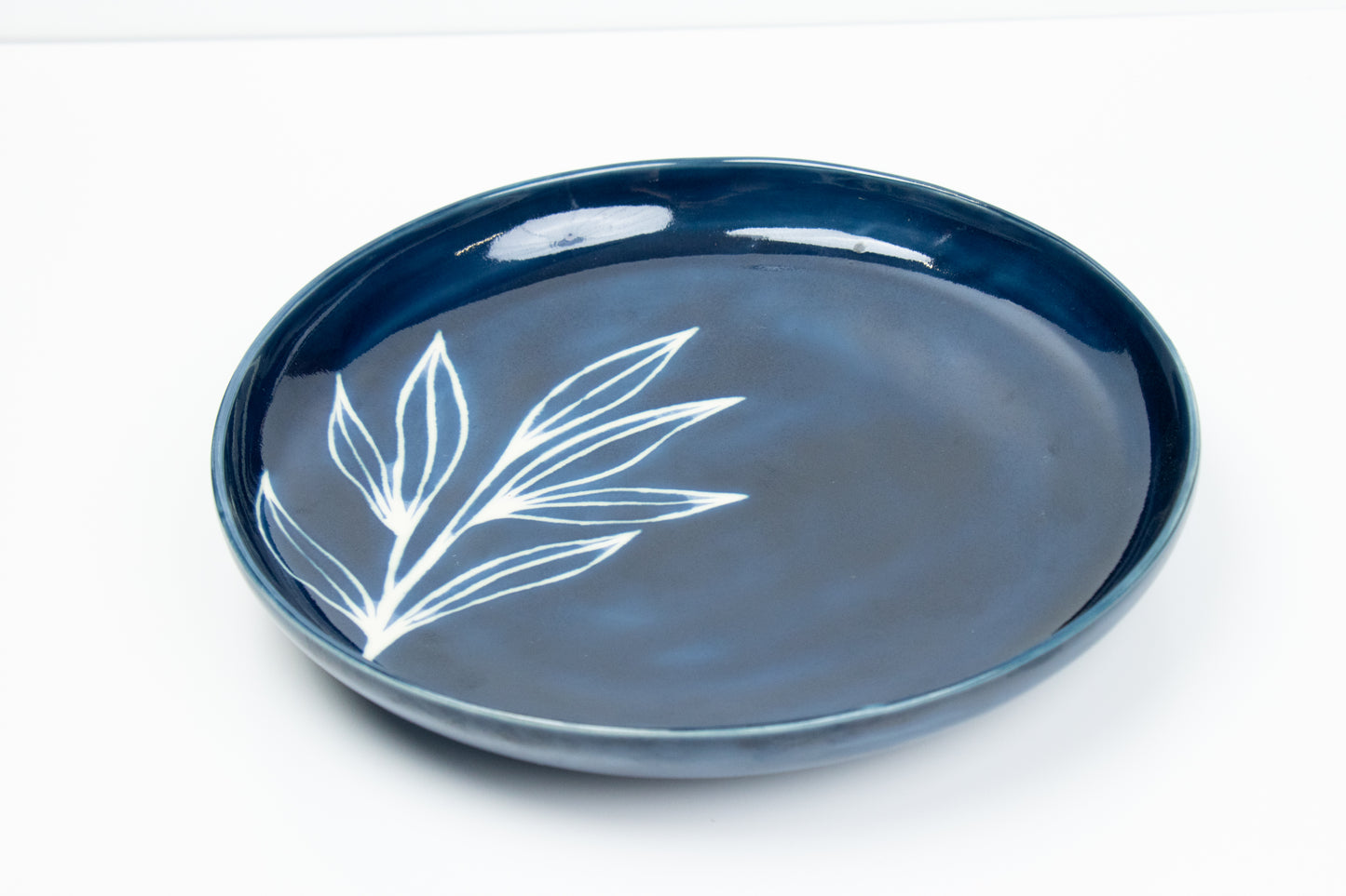Blue Serving Plate with White Leaf
