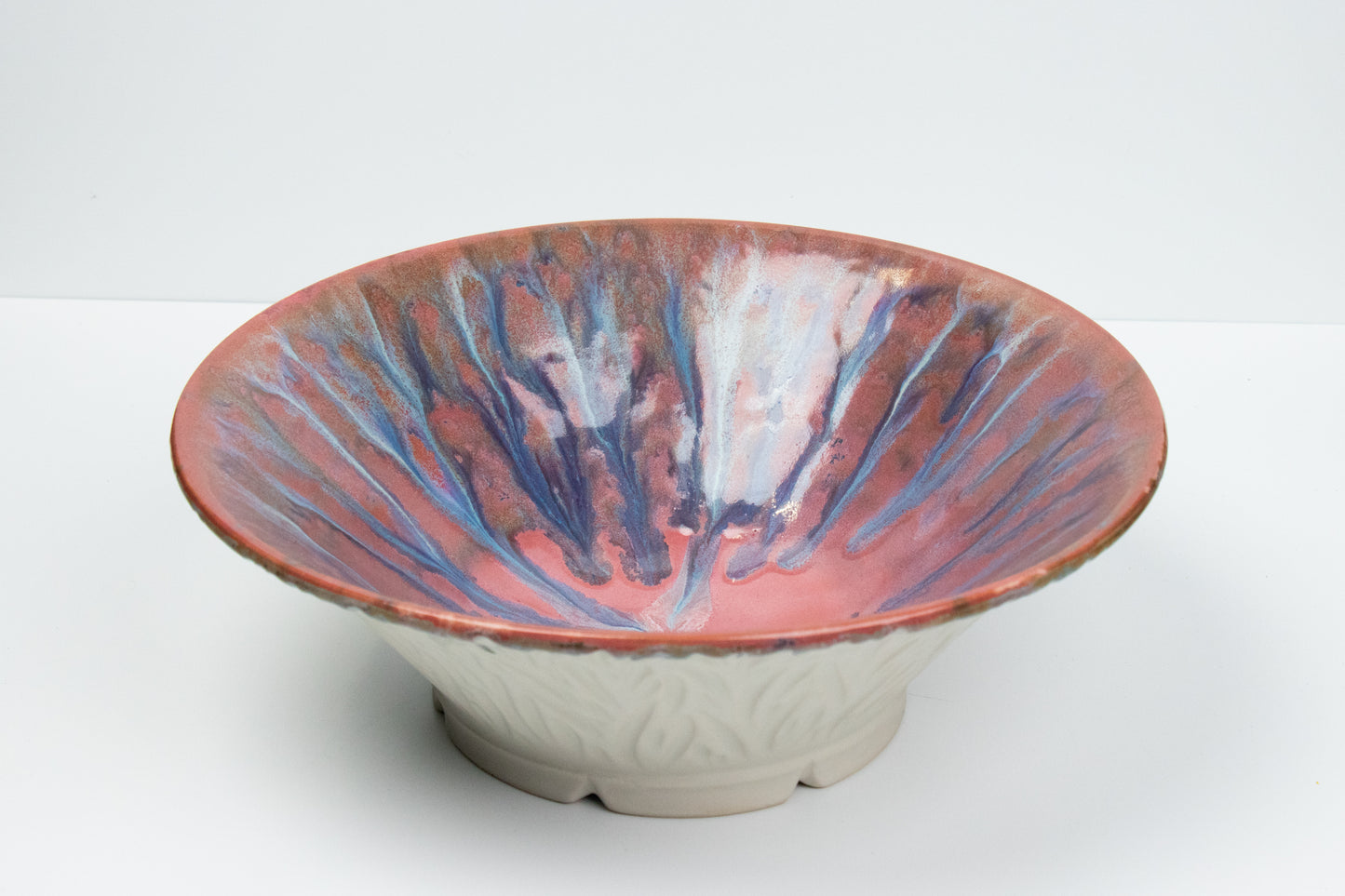 Carved White Bowl with Drippy Pink Glaze